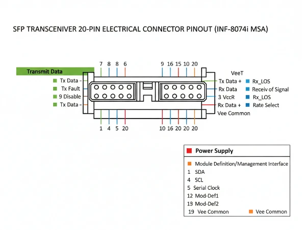 Diagram of the SFP transceiver 20-pin electrical connector pinout as defined in INF-8074i MSA specification, showing transmit data, receive data, power, and module definition pin assignments Diagram of the SFP transceiver 20-pin electrical connector pinout as defined in INF-8074i MSA specification, showing transmit data, receive data, power, and module definition pin assignments